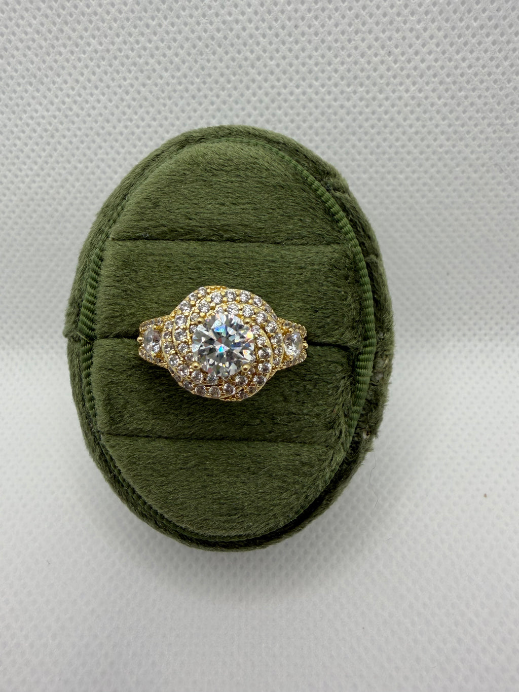 Gold Crystal Halo Ring with Pavé Band