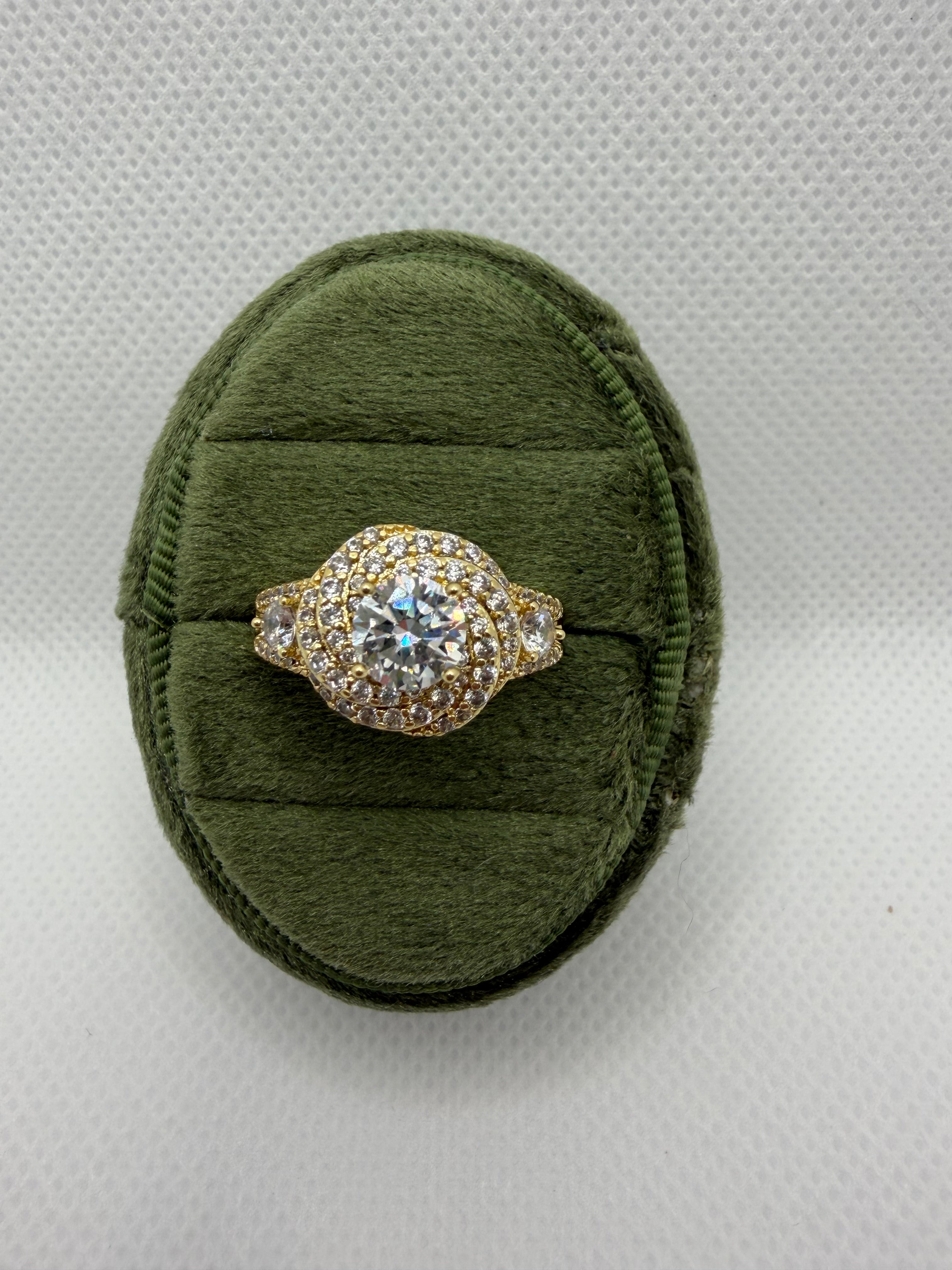 Gold Crystal Halo Ring with Pavé Band