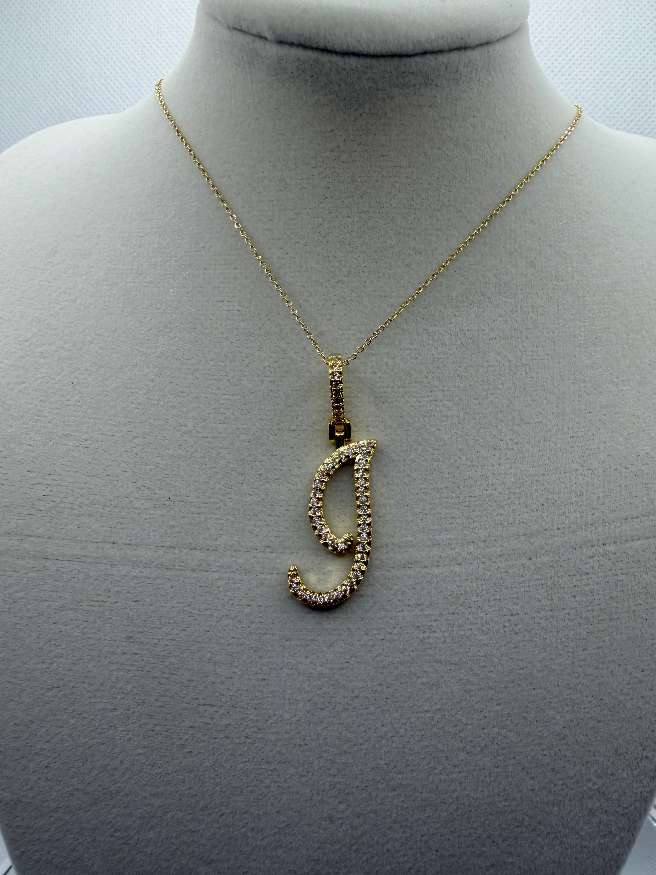 Gold CZ Cursive Initial "J" Pendant