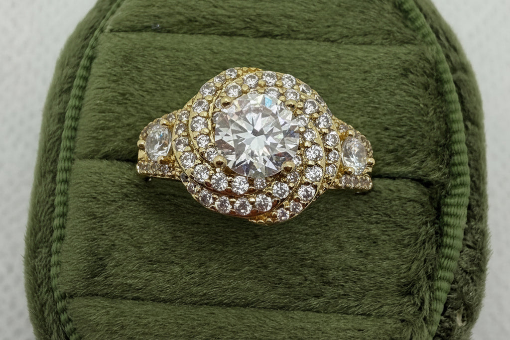 Gold Crystal Halo Ring with Pavé Band