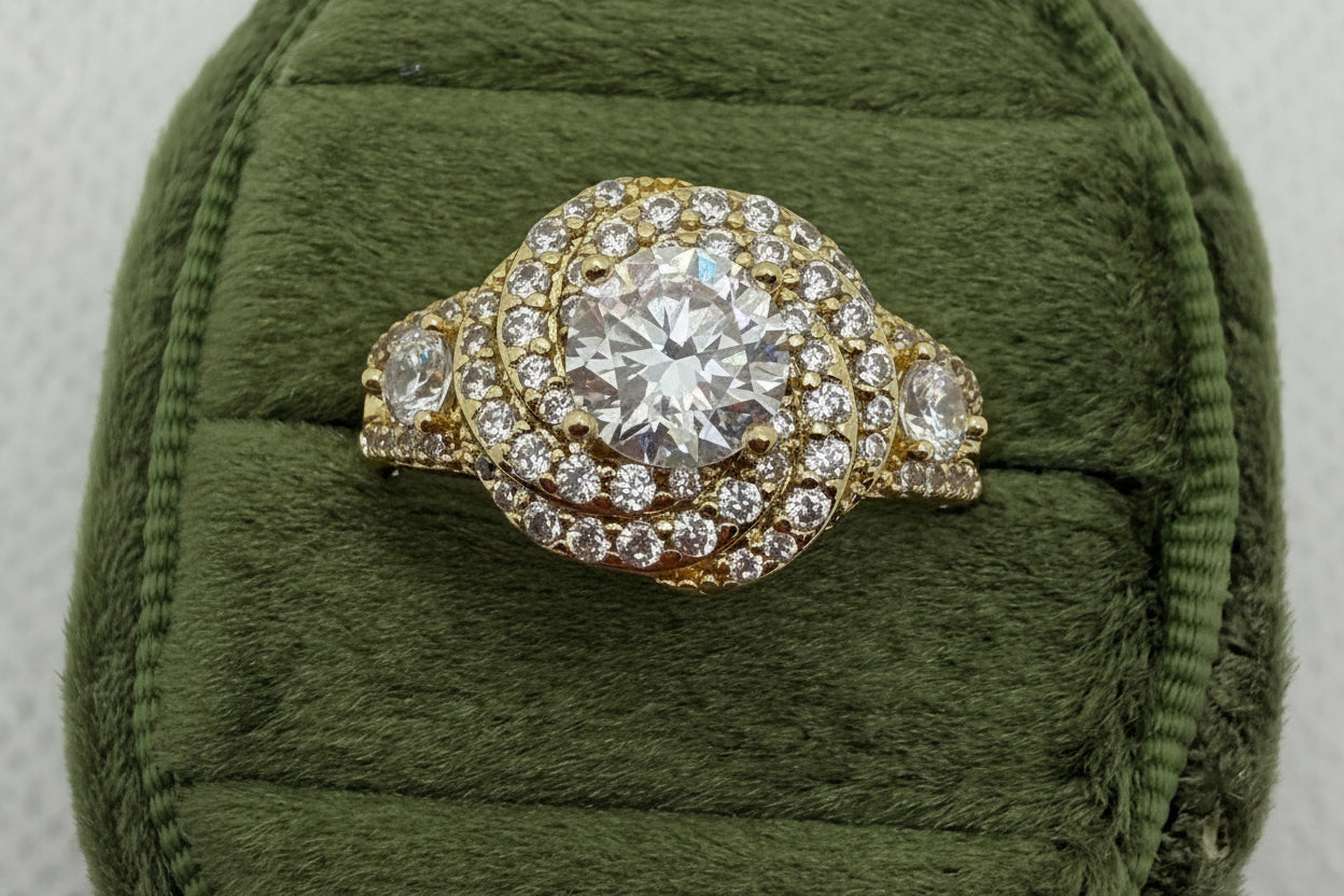 Gold Crystal Halo Ring with Pavé Band