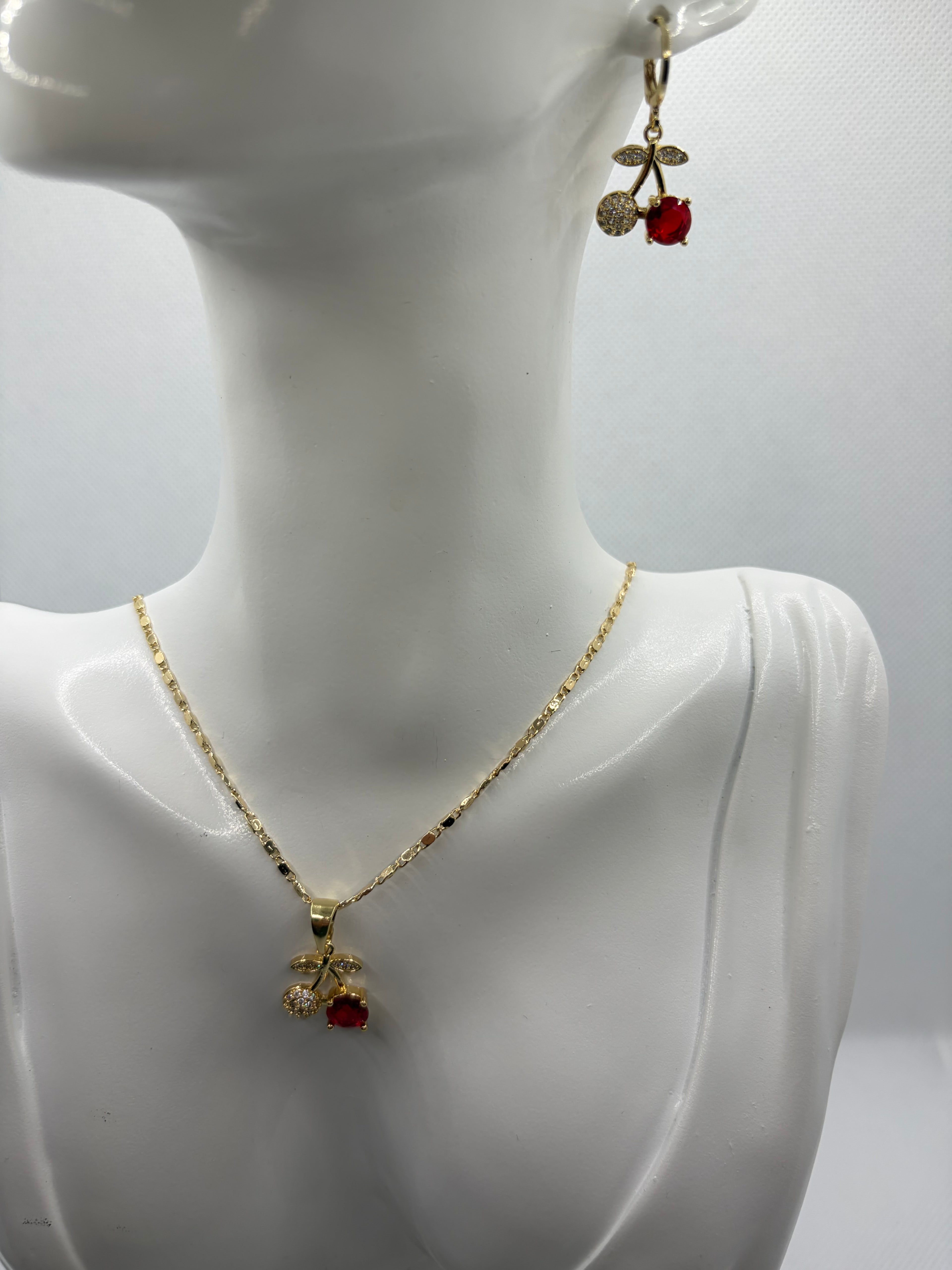 Gold Cherry Necklace and Earring Set - Laminated Gold