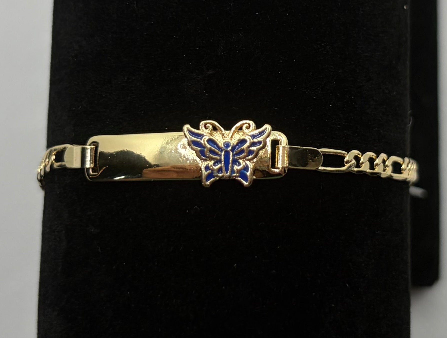 Kids Gold ID Bracelet with Blue Butterfly - Laminated Gold