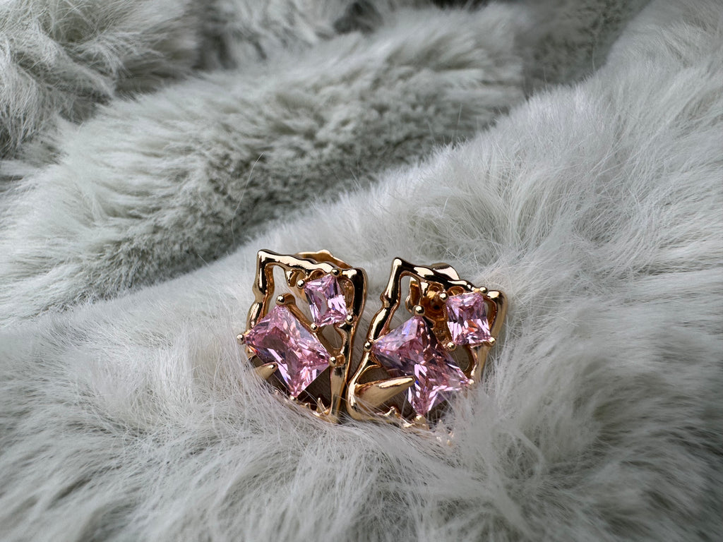 Square Pink Crystal Stud Earrings